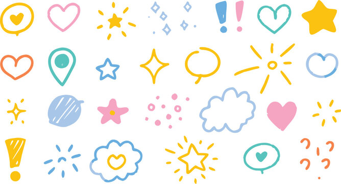 A colorful collection of hand drawn doodle icons hearts stars clouds and exclamation