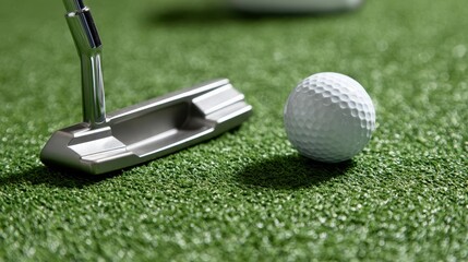 Golf putter and ball on putting green in a golf simulator during practice session in a controlled environment for improving skills and precision