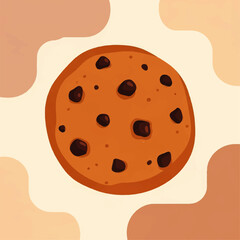 Fototapeta premium Flat vector illustration of a delicious chocolate chip cookie on a light brown background with abstract shapes