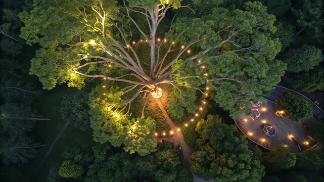 Grand tree illuminated by enchanting string lights arranged in a captivating spiral pattern in a serene forest setting