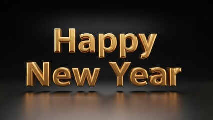 Golden 3d text happy new year message illuminated against a dark reflective background with subtle lighting