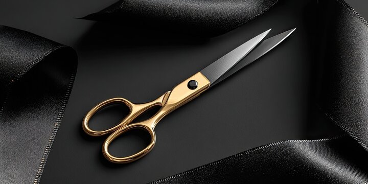 Close-up of gold scissors cutting a shiny black ribbon on a dark surface