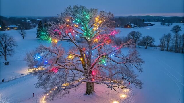 Large snow-covered tree adorned with vibrant multicolored string lights creating a magical winter landscape at dusk