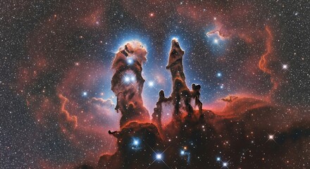 Vast cosmic pillars of gas and dust glow with starlight.