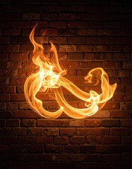 Fire glyph on aged brick wall backdrop