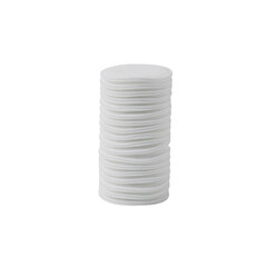 Stack of white disposable plastic cups on a neutral background  