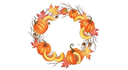 Autumn wreath with pumpkins, leaves, and acorns.
