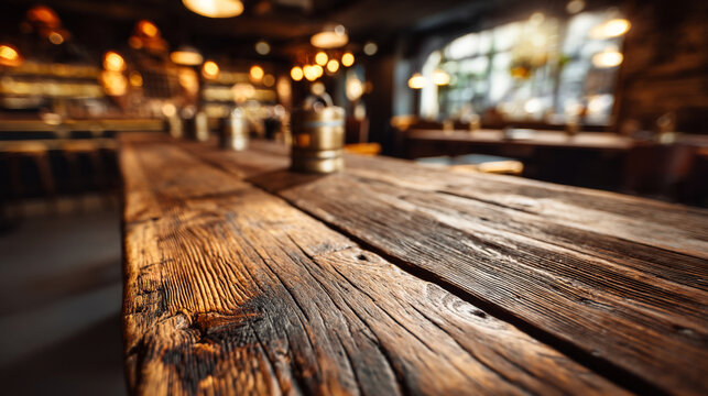 Close up of a rustic wooden table in a dimly lit bar with blurred background and warm lighting