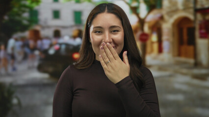 Woman covers mouth with hand while smiling at camera on a busy city street lined with historic buildings; playfulness and warmth.