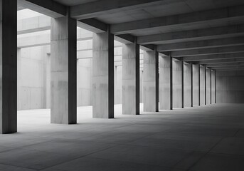 Imposing concrete columns support the ceiling in a modern, minimalist architectural space.