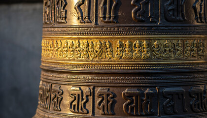 Closeup of a Detailed Tibetan Prayer Wheel with Gold and Bronze Carvings and Buddhist Symbols, Nepal.