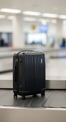 A sleek, black rolling suitcase sits on a luggage carousel, airport backdrop blurred. Focus on the travel gear, ready for trips