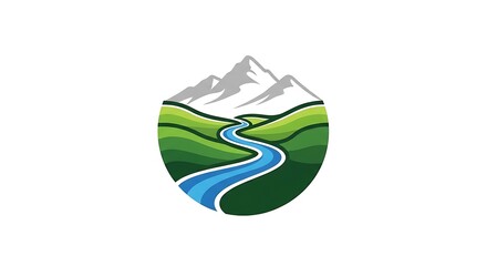 Serene mountain landscape with a winding river flows through green hills.