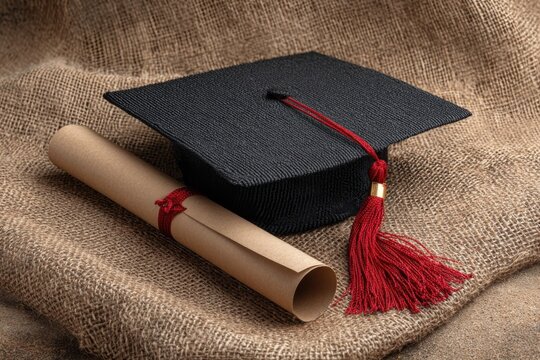 Celebrating achievement with a graduation cap and diploma on a rustic burlap background in a warm, inviting atmosphere suitable for graduation events