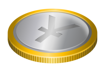 Silver coin with yuan symbol, gold toned rim. Chinese currency illustration.