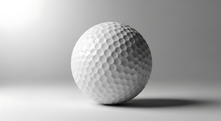 Close-up studio shot of a white golf ball with dimples casting a shadow on a light grey surface