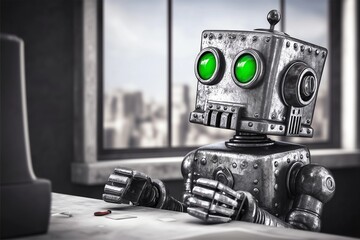 Metal Box Robot Typing at Office Desk