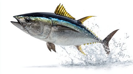Naklejka premium Tuna fish leaps out of water in dynamic splash on clean white background showcasing its vibrant colors and strong physique