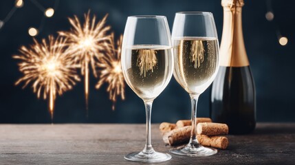 Celebratory champagne toast with fireworks and festive background