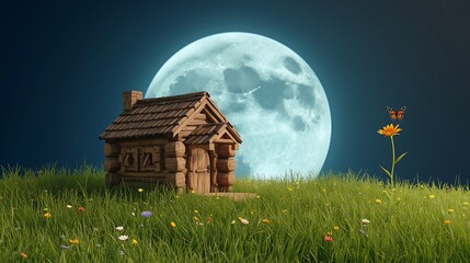 Old wooden house on a hill in a rural village landscape at night with a blue sky and trees