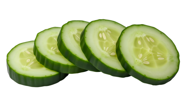 Fresh cucumber slices arranged for a healthy snack or salad ingredient, perfect for healthy eating or a refreshing culinary garnish isolated on white background