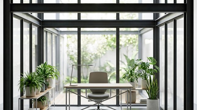 Modern office interior with a focus on biophilic design for sustainable living, featuring a minimalist desk, ergonomic chair, and lush green plants creating a healthy workspace