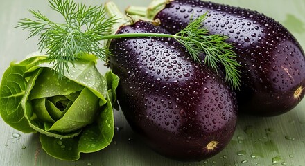 Fresh eggplant and lettuce with water droplets on a green surface.