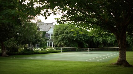 Fototapeta premium Tennis court view through trees on a sunny day for leisure activity