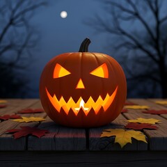 Glowing jack-o-lantern on wooden table with autumn leaves at night.