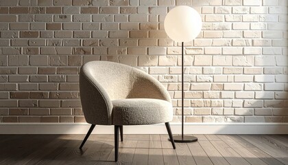 Armchair with lamp on brick wall backdrop