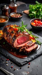 Roast beef, sliced on black slate