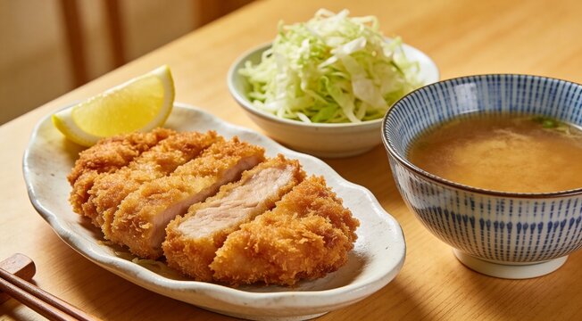 Tonkatsu set meal served at the dining table with a small bowl