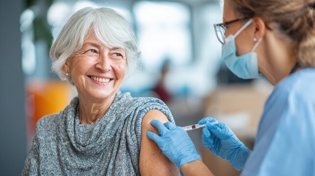 Senior woman receives vaccination from doctor in a healthcare setting during daytime