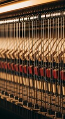 Close-up of piano strings and hammers showcases musical instrument mechanics.