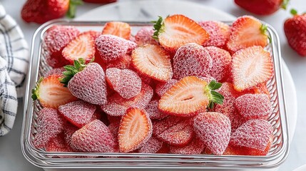 Freshly sliced strawberries in a clear glass container, perfect for a healthy snack.