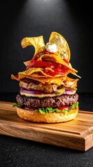 Stacked burger on wood cutting board