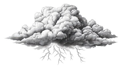 Dramatic cloud formation with lightning strikes illustrated on a white background.