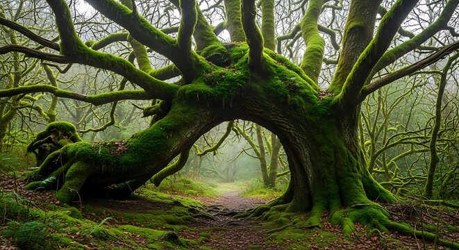 Ancient moss covered tree with sprawling branches in a foggy forest.