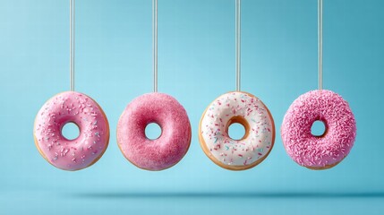 Delicious donuts hanging in a row against a vibrant blue background.