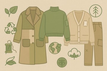 Sustainable fashion illustrated with eco friendly clothing designs showcasing upcycled materials and natural fabrics promoting environmental awareness and conscious consumerism