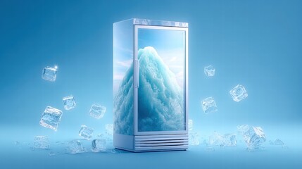 A refrigerator with an icy mountain scene, surrounded by floating ice cubes on a blue background.
