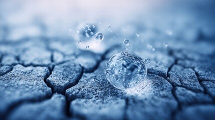 Close-up of water droplets on dry, cracked ground, symbolizing moisture and hydration.