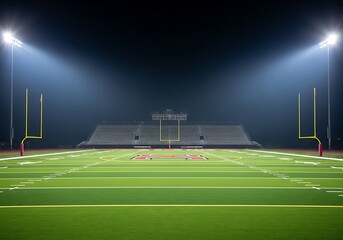 Illuminated stadium field awaits  under bright lights at night.