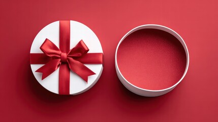 Open gift box with red ribbon on red background