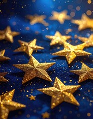 Golden stars on a blue, shiny surface