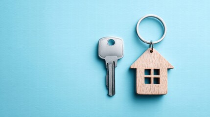 House key and house-shaped keychain on a blue background