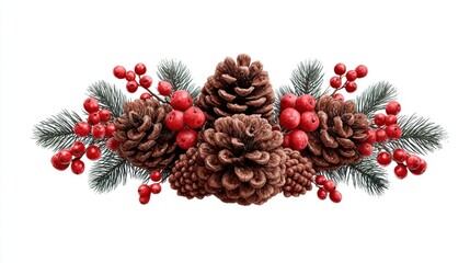 Festive Christmas arrangement with pine cones and red berries on white.