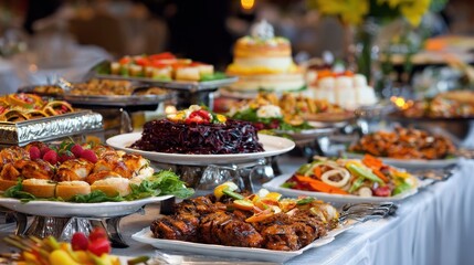 Obraz premium Large buffet table filled with a variety of delicious dishes and desserts at a festive event celebration in a decorated venue