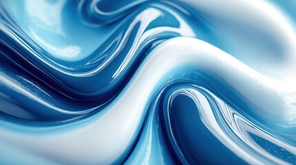This abstract artwork features dynamic fluid shapes in a striking blue and white gradient.