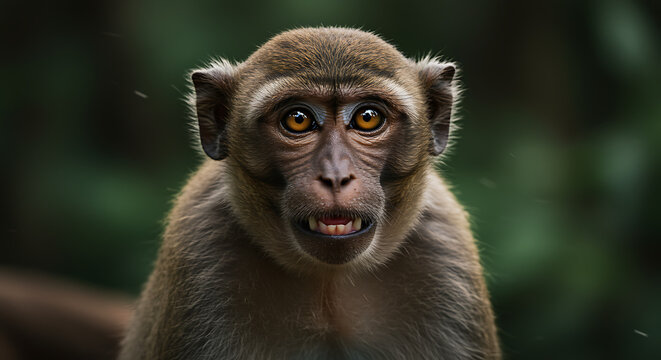 Adorable monkey with an anxious expression showing its teeth in nature